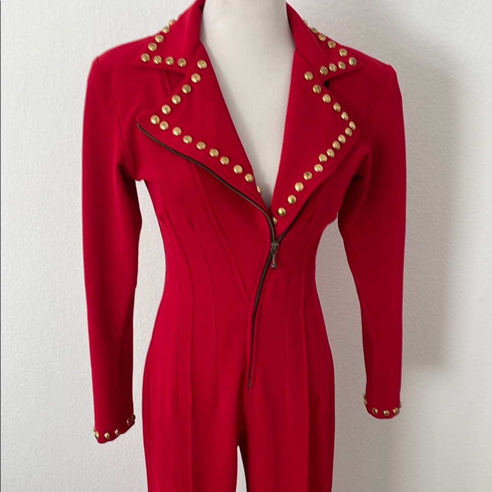 Vintage Tadashi Shoji Red Stretch Zipper Jumpsuit w Brass Studs